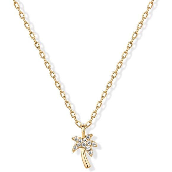 Women's Palm Tree Gold Plated Pendant Dainty Cubic Zirconia Chain Necklace - Picture 1 of 4